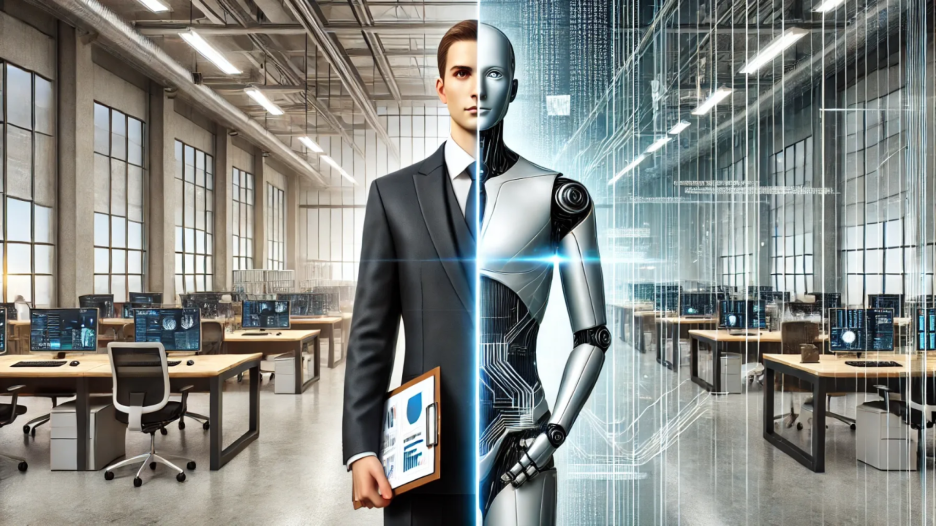 Visual representation of AI's impact on the future workplace, emphasizing essential considerations for business owners.